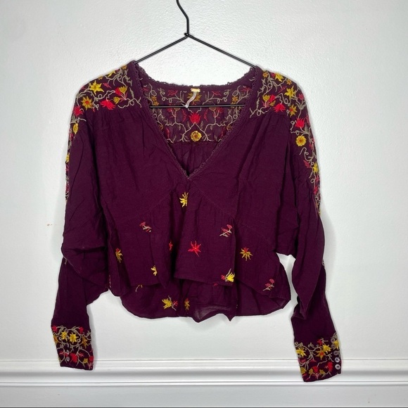 Free People Ava Embroidered Floral Burgundy Peasant Crop Long Sleeve Blouse S - Picture 2 of 13